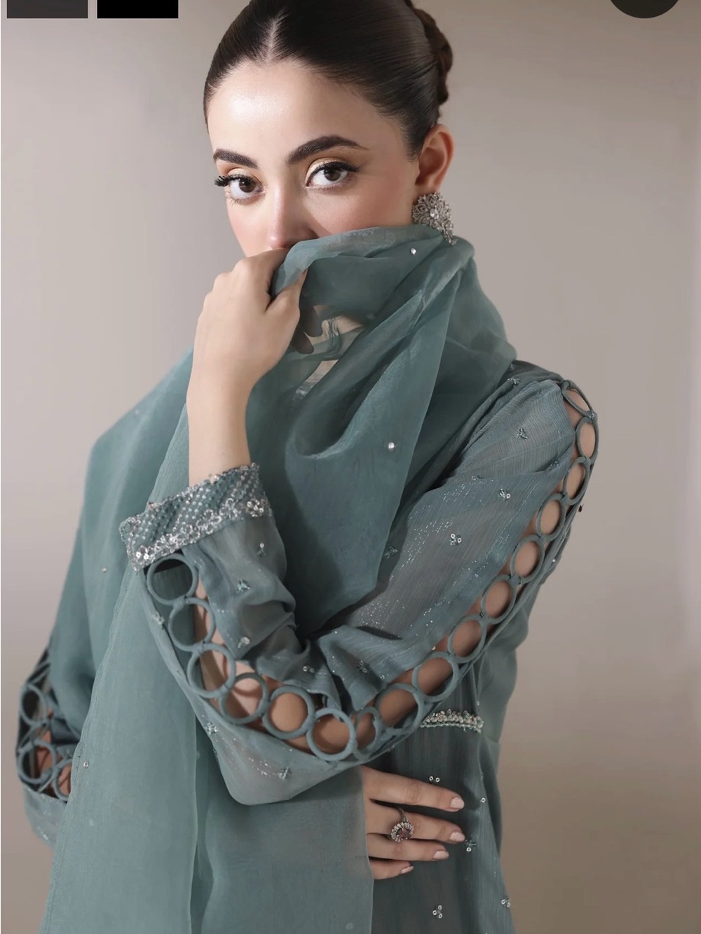 Embellished Seafoam Green Chiffon Kurta with Circular Cutout Sleeves